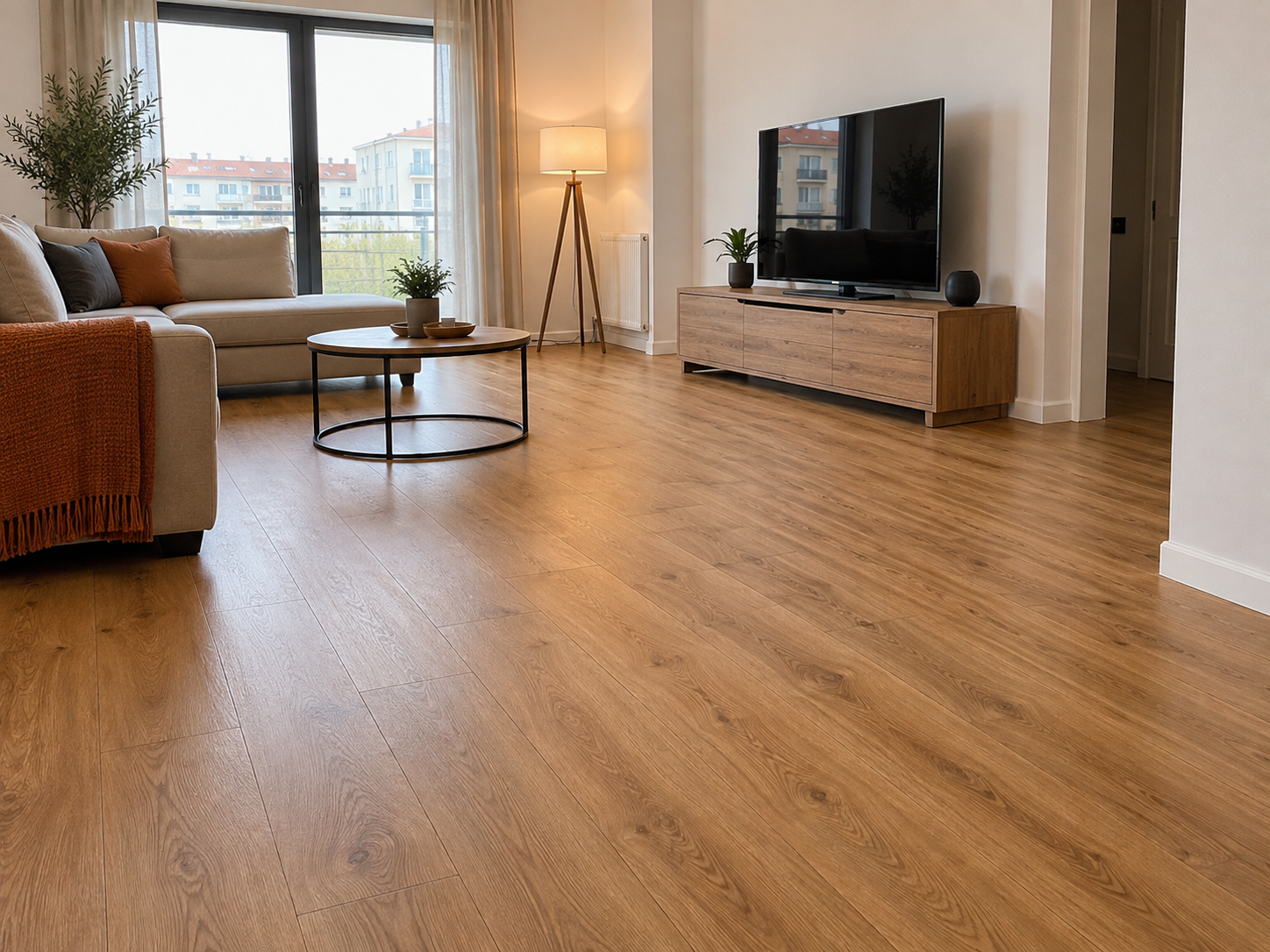 Yeni döşenmiş meşe tonlu laminat parkeli aydınlık salon